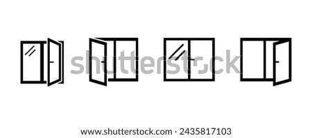 Set of window vector icons. Black open and close windows.