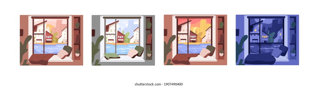 Set of window views with morning, afternoon, evening and night sceneries. City in different time of day from inside. Colored flat vector graphic illustration isolated on white background