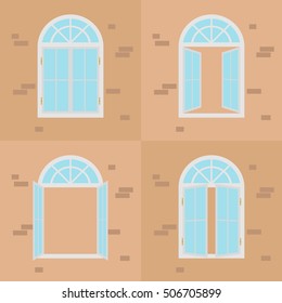 A set of windows with an arch. Open the window. Flat design, vector illustration.