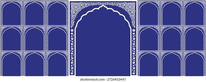 Conjunto de janelas Arco bonito pequeno e grande design com forte indiano Rajasthani e cultura. Fundo de casamento e outros usos. Abstrato Design de tapete floral indiano, tapete persa, textura tribal.