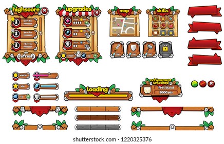 Set of windows, buttons, and icons with wooden medieval theme for creating fantasy rpg video games