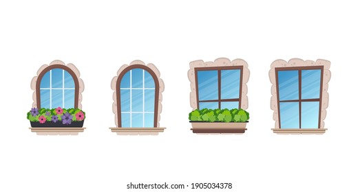 Set of windows in cartoon style. Stone cladding. For the design of games or buildings. Isolated. Vector.