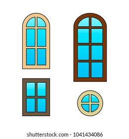 Set of windows, collection of simple windows of different shapes, round, square and arch, blue gradient glass, isolated objects, white background, stylized drawings, front view