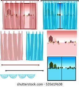 a set of Windows and curtains