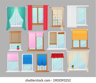 Set of Windows with Curtains and Jalousie and Roller Blinds, Interior Design Elements. White Pvc or Wooden Brown Sill, Plastic Frame with Fabric Drapery. Transparent Home Glasses. Cartoon Vector Icons