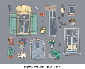 Set of windows and details of the facade of the old house. Hand-drawn vector illustration.