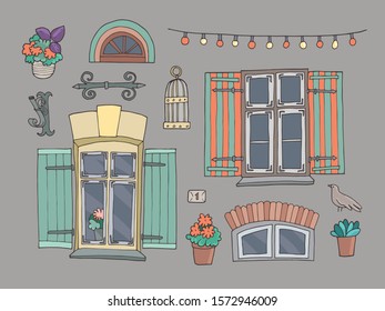 Set of windows and details of the facade of the old house. Hand-drawn vector illustration.