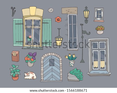 Set of windows and details of the facade of the old house. Hand-drawn vector illustration.