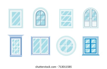 Set of windows different shapes,materials and colors. Plastic windows. Vector illustration isolated on white background.