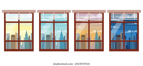 Conjunto de ventanas con diferentes momentos del día en un estilo de dibujos animados. Ilustración vectorial de una vista desde las ventanas de un hermoso paisaje urbano en diferentes momentos del día aislado en fondo blanco.