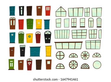 Set of windows and doors for construction. Cartoon style. Vector illustration