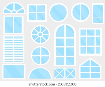 Set of windows and doors for decoration.Semicircle, circle, square and rectangle.White frame and blue glass.Flat design.Interior concept.Cartoon vector illustration.Sign, symbol, icon or logo.