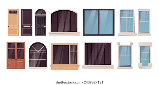 Set of windows and doors for house exterior. Building interior decoration. Vector collection of isolated cartoon architecture design elements.