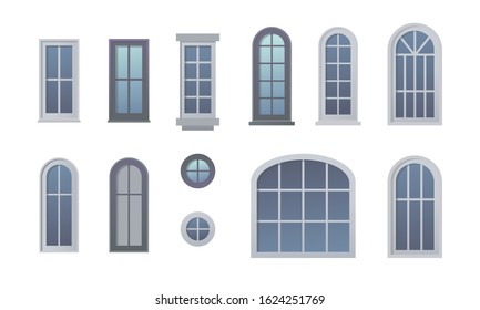 Set of windows for the facades of houses on a white background.