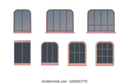 Set of windows for the facades of houses on a white background.
