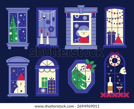 Set of windows with festive scenes. Winter holiday house with Christmas tree, gifts, decorations, snowflakes, candles, ornaments and child. New Year advent calendar design element. Vector illustration