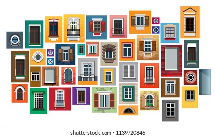 Set of windows in a flat style. Set of isolated on white background windows. Set of windows in various designs. Set of colorful front windows for homes and buildings. Vector illustration Eps10 file