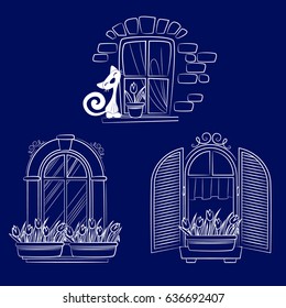 Set of Windows with flower tulips and cat. Hand drawn sketch illustration isolated on blue background