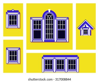 set of windows of the house on a yellow background