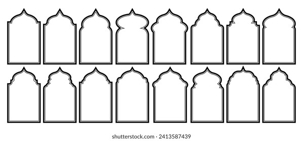 Conjunto de ventanas de estilo islámico. Elementos de marcos arquitectónicos. Ilustración vectorial.