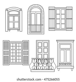 Set of windows isolated. Hand drawn icons collection. Decorative background with sketch objects vector. Flat thin line icon, modern style 