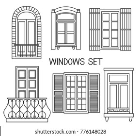 Set of windows isolated. Hand drawn black and white objects collection. Flat style vector. Different interior elements of various forms