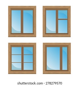 Set of windows isolated. Wood window frame. Isolated window designs elements on a white background