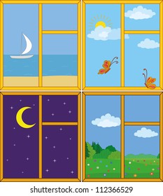 Set windows with landscapes: sea and ship, butterflies in the sky, moonlit night, flower meadow. Vector