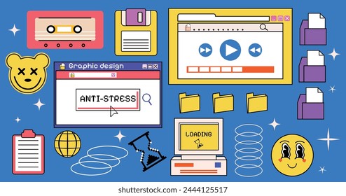 set of windows on a computer. Y2k retro style. Vector illustration. Groovy hippie elements. Interface. Desktop and folders. 2000s. Browser. Aesthetic style. Icons on PC.