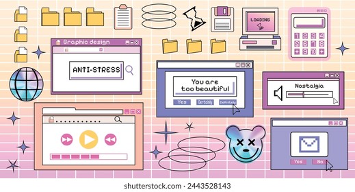 set of windows on an old computer in y2k style. Pc. Documents on the desktop and folders. Interface. Ui and UX design. 2000s. Retro browser and vintage. Nostalgia geek. Aesthetic style. Sticker pack
