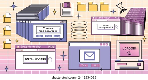 set of windows on an old computer in y2k style. Pc. Documents on the desktop and folders. Interface. Ui and UX design. 2000s. Retro browser. Nostalgia. Aesthetic style. Trendy icons for Social media