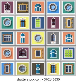 set of windows of various designs isolated on a colored backgrounds