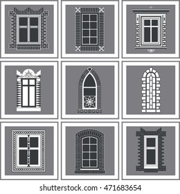 Set of windows of various designs isolated on grey background