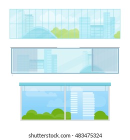 Set Of Windows Vector Illustrations In Flat Style. Different Types And Forms Of House Windows. City View From Panoramic Window In Office Or Apartment. Isolated On White Background.