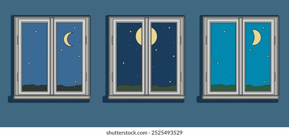 Establecer la vista de las ventanas desde el interior con diferentes tipos de ilustración de Luna Fase Luna aislada sobre fondo oscuro