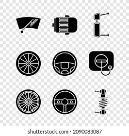 Set Windscreen wiper, Electric engine, Truck side mirror, Car wheel, Steering, Shock absorber,  and  icon. Vector