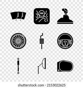 Set Windscreen wiper, Gear shifter, Shock absorber, Car mirror, wheel and muffler icon. Vector