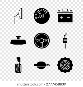 Set Windscreen wiper, Speedometer, Car battery, Gear shifter, door handle, wheel, mirror and Steering icon. Vector
