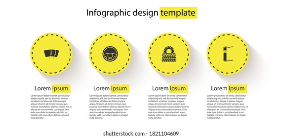 Set Windscreen wiper, Steering wheel, Car tire and Truck side mirror. Business infographic template. Vector.