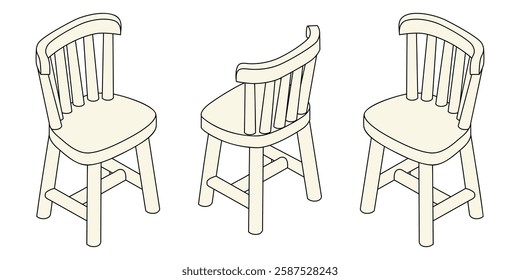 Set of Windsor chairs - hand drawn isometric vector illustration.