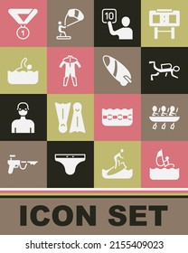 Set Windsurfing, Canoe rowing team sports, Scuba diver, Assessment of judges, Wetsuit for scuba diving, Swimmer, Medal and Surfboard icon. Vector