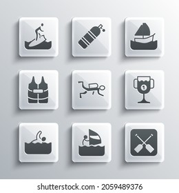 Set Windsurfing, Paddle, Award cup, Scuba diver, Swimmer, Life jacket, Surfboard and Yacht sailboat icon. Vector