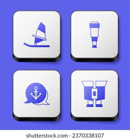 Set Windsurfing, Spyglass telescope lens, Anchor and Binoculars icon. White square button. Vector