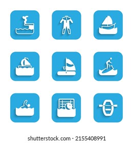 Set Windsurfing, Water polo, Boat with oars, Surfboard, Swimmer, Yacht sailboat,  and diving into pool icon. Vector