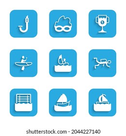 Set Windsurfing, Yacht sailboat, Scuba diver, Water polo, Kayak and paddle, Award cup and Snorkel icon. Vector