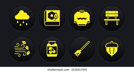 Set Windy weather, Bench, Jam jar, Handle broom, Sweater, Herbarium, Acorn and Cloud with rain icon. Vector