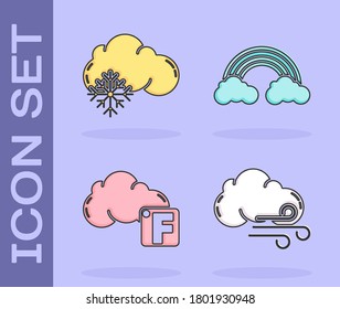Fija el clima de viento, Nube con nieve, Fahrenheit y nube y Arcoiris con ícono de nubes. Vector