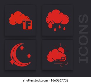 Set Windy weather, Fahrenheit and cloud, Cloud with rain and Moon and stars icon. Vector