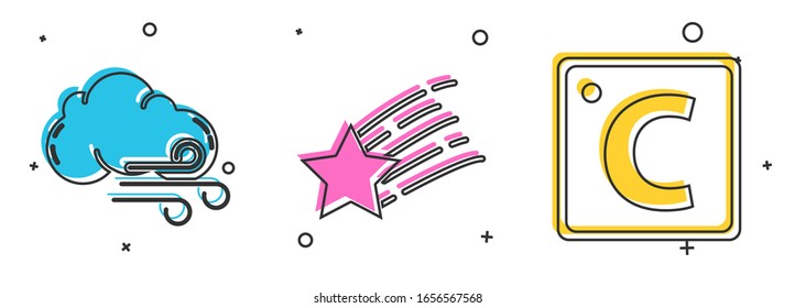 Set Windy weather, Falling star and Celsius icon. Vector