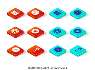 Set Windy weather, Old magic key, Full moon, Sun, Neptune planet and Calendar icon. Vector